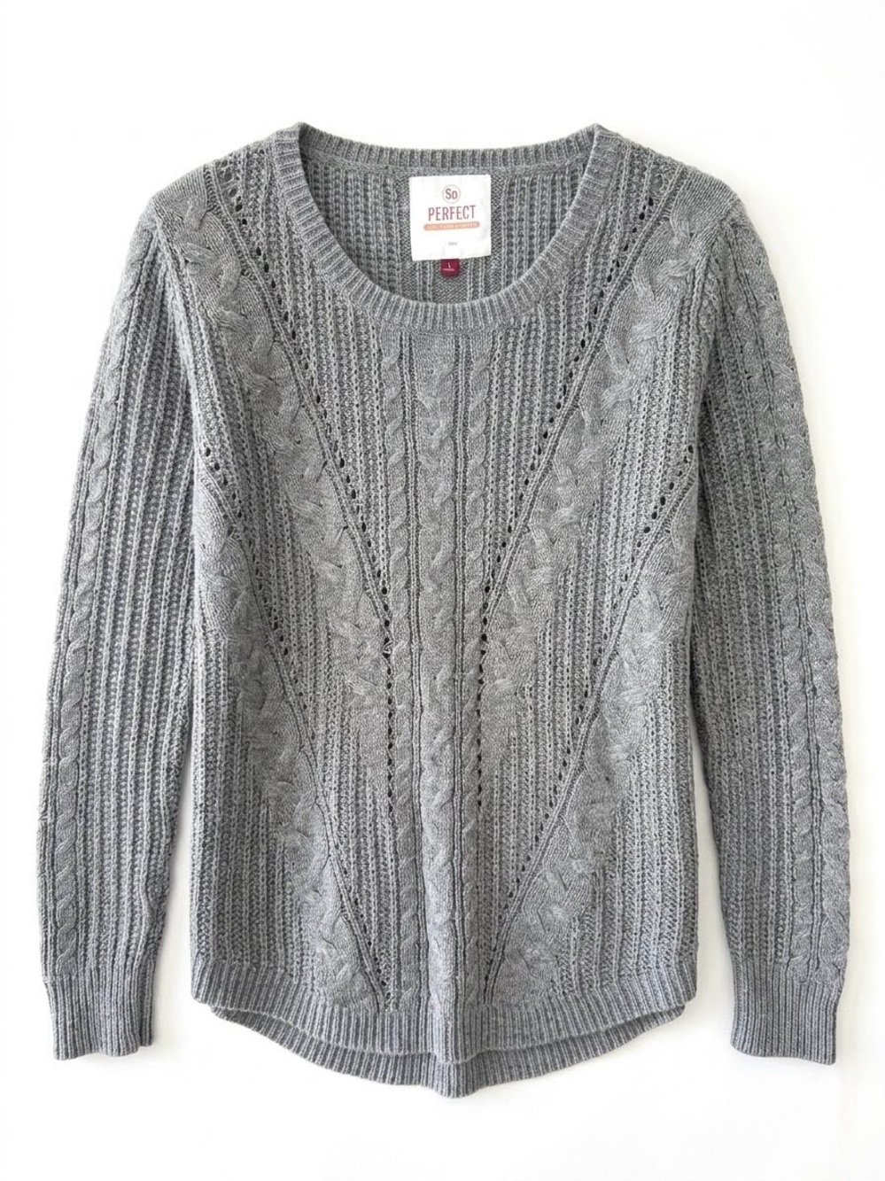 SO Perfect Pullover Gray Cable Knit Crewneck Sweater Cabincore Cozy Minimalist